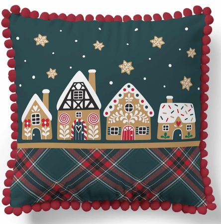 PODUSZKA ŚWIĘTA DEKORACYJNA JASIEK 45x45 Z POMPONAMI DOMEK Z PIERNIKA+WKŁAD