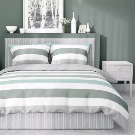 Pościel Satynowa 160x200 Biała Szara Zielona Pasy Home Satin