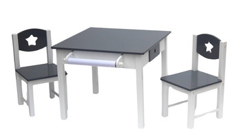 SIWY SZARY BIAŁY STOLIK STÓŁ DREWNIAANY DLA DZIECI 2 KRZESŁA ROLKA PAPIERU