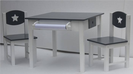 SIWY SZARY BIAŁY STOLIK STÓŁ DREWNIAANY DLA DZIECI 2 KRZESŁA ROLKA PAPIERU