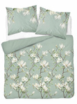 Pościel Miętowa z Białymi Kwiatami Magnolii - 220x200 - Bawełna 