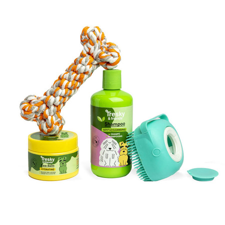 TRESKY & FRIENDS ZESTAW DLA PSA PIESKA SZAMPON BALSAM KOŚĆ ZABAWKI SZCZOTKA