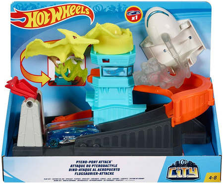 TOR HOT WHEELS Zestaw Lotnisko ATAK PTEROZAURA PTERODAKTYLA + Autko GBF94