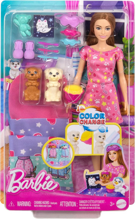 LALKA BARBIE PIŻAMA PARTY zestaw z lalką Barbie, 2 pieski + akcesoria