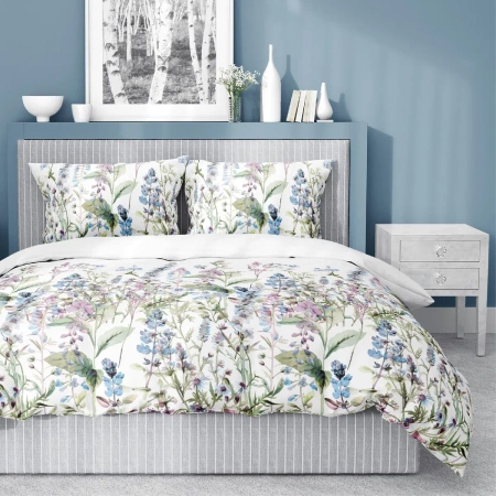 Pościel Satynowa 160x200 Biała w Niebiesko-Fioletowe Polne Kwiaty - Satin S