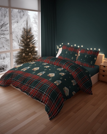 POŚCIEL ŚWIĄTECZNA ŚWIĘTA ZIELONA DOMEK Z PIERNIKA KRATA BAWEŁNA 220X200