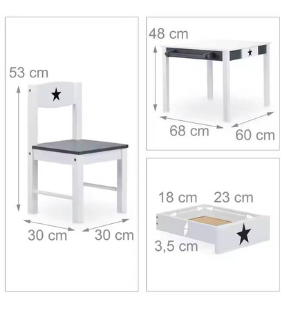 SIWY SZARY BIAŁY STOLIK STÓŁ DREWNIAANY DLA DZIECI 2 KRZESŁA ROLKA PAPIERU