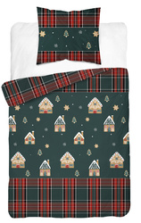POŚCIEL ŚWIĄTECZNA ŚWIĘTA ZIELONA DOMEK Z PIERNIKA KRATA BAWEŁNA  140X200