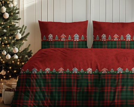 POŚCIEL ŚWIĄTECZNA ŚWIĘTA ZIELONA DOMEK KRATA BAWEŁNA FLANELA 160X200