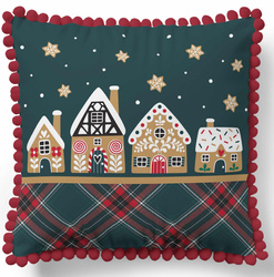 PODUSZKA ŚWIĘTA DEKORACYJNA JASIEK 45x45 Z POMPONAMI DOMEK Z PIERNIKA+WKŁAD