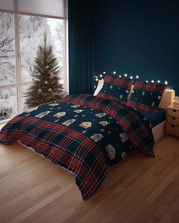POŚCIEL ŚWIĄTECZNA ŚWIĘTA GRANATOWA DOMEK Z PIERNIKA KRATA BAWEŁNA 160X200