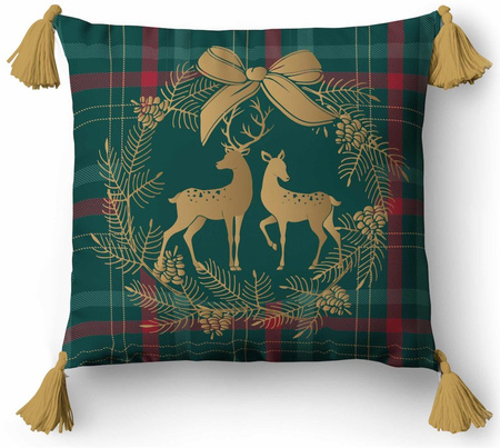 PODUSZKA JASIEK DEKORACYJNA ŚWIĘTA 45x45 Z FRĘDZLAMI RENIFER KRATA+ WKŁAD