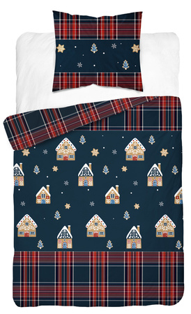 POŚCIEL ŚWIĄTECZNA ŚWIĘTA GRANATOWA DOMEK Z PIERNIKA KRATA BAWEŁNA 140X200
