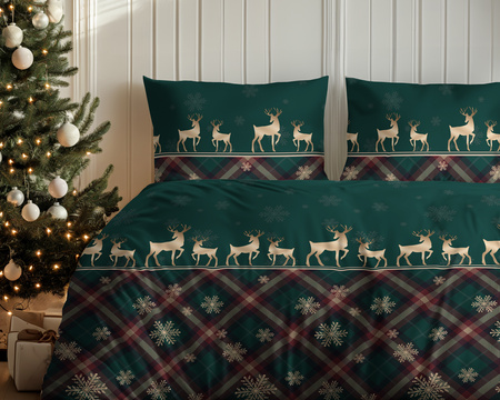ŚWIĘTA ŚWIĄTECZNA POŚCIELZIELONA RENIFERY KRATKA ŚNIEŻYNKA BAWEŁNA 160X200