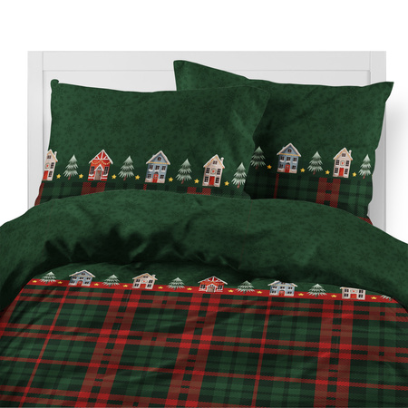 POŚCIEL ŚWIĄTECZNA ŚWIĘTA CZERWONA DOMEK KRATA BAWEŁNA FLANELA 220X200