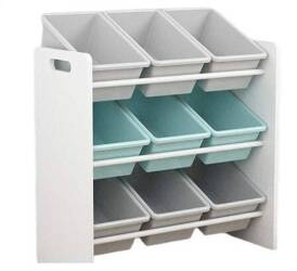 REGAŁ SIWY BIAŁY DREWNIANY POJEMNIKI PLASTIKOWE ORGANIZER NA ZABAWKI DZIECI