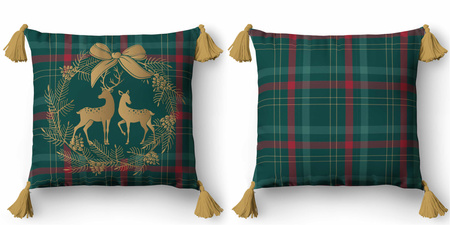 PODUSZKA JASIEK DEKORACYJNA ŚWIĘTA 45x45 Z FRĘDZLAMI RENIFER KRATA+ WKŁAD