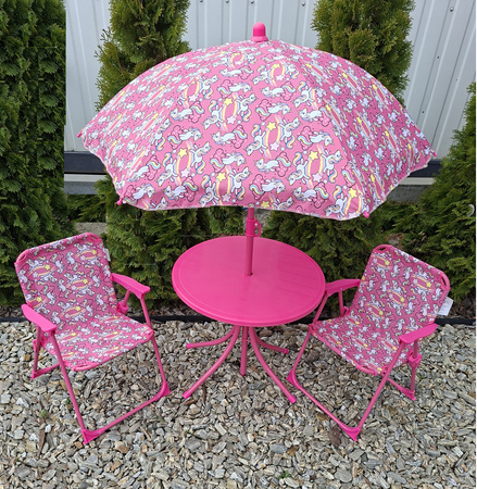 JEDNOROŻEC ZESTAW STÓŁ STOLIK 2 KRZESŁA Z PARASOLEM PARASOL DZIECI OGRODOWY