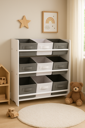 SIWY BIAŁY SZARY REGAŁ POJEMNIKI ZABAWKI ORGANIZER