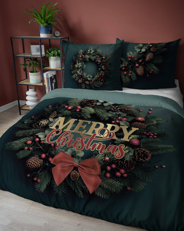 ŚWIĘTA ŚWIĄTECZNA POŚCIEL CHOINKA STROIK MERRY ZIELONA BAWEŁNA 220X200