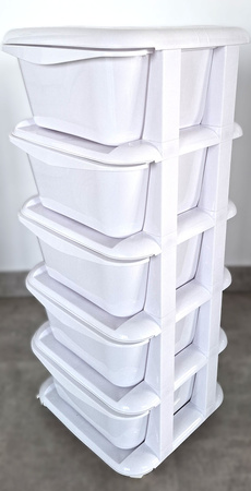 PLASTIKOWY POJEMNIK REGAŁ KOSZ NA ZABAWKI SZAFKA SZUFLADY 5 PÓŁEK KÓŁKA