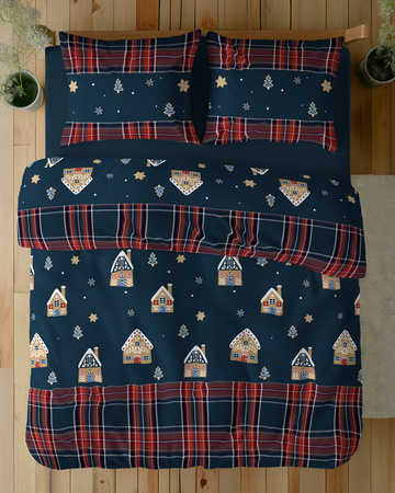 POŚCIEL ŚWIĄTECZNA ŚWIĘTA GRANATOWA DOMEK Z PIERNIKA KRATA BAWEŁNA 160X200