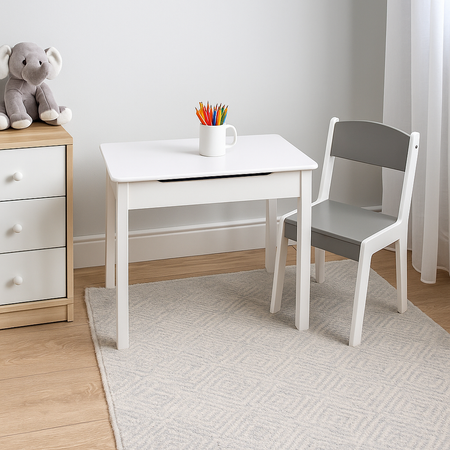 STOLIK BIAŁY SIWY DREWNIANY Z POJEMNIKIEM KRZESEŁKO ZESTAW DLA DZIECI MEBLE