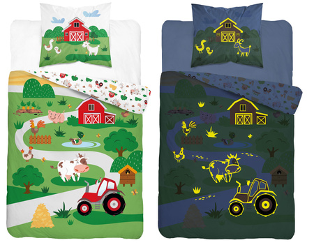 TRAKTOR FARMA KROWA POŚCIEL ŚWIECĄCA W CIEMNOŚCI ŚWIECI 160X200