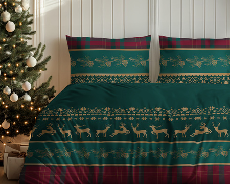 POŚCIEL ŚWIĘTA ŚWIĄTECZNA FLANELA RENIFERY KRATKA FLANELOWA ZIELONA 220X200