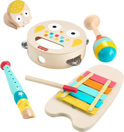 FISHER-PRICE DREWNIANE INSTRUMENTY FLET CYMBAŁKI TAMBURYN KASTANIET MARAKAS