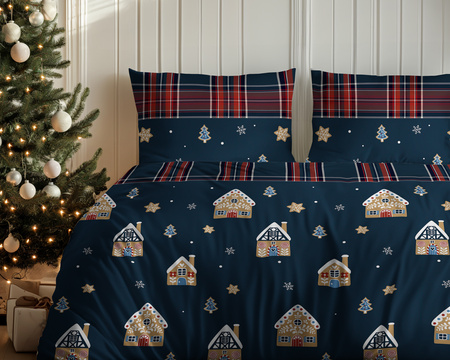 POŚCIEL ŚWIĄTECZNA ŚWIĘTA GRANATOWA DOMEK Z PIERNIKA KRATA BAWEŁNA 160X200