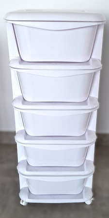 PLASTIKOWY POJEMNIK REGAŁ KOSZ NA ZABAWKI SZAFKA SZUFLADY 5 PÓŁEK KÓŁKA