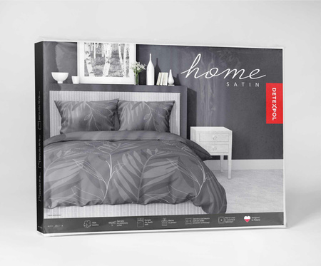 Pościel Satynowa 160x200 Liście na Graficie Ciemno-szary