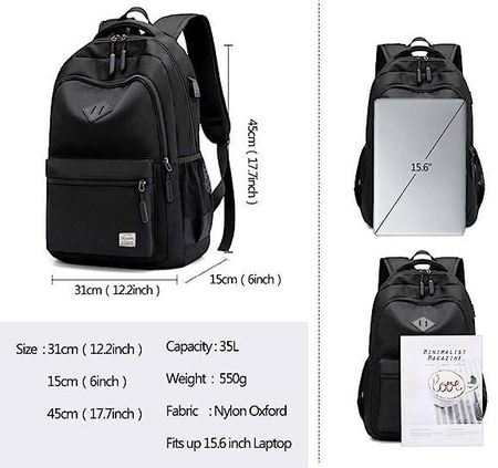 DUŻY PLECAK CZARNY MIEJSKI MĘSKI NA LAPTOPA + USB