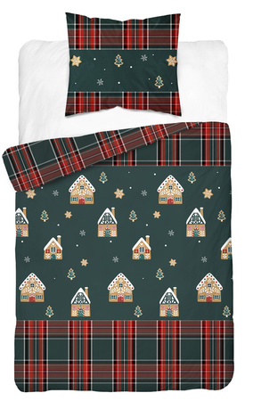 POŚCIEL ŚWIĄTECZNA ŚWIĘTA ZIELONA DOMEK Z PIERNIKA KRATA BAWEŁNA 140X200