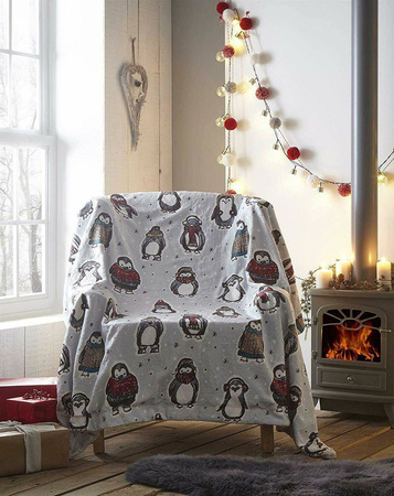 PINGWINY ŚWIĘTA CIEPŁY KOC ŚWIĄTECZNY PLED SHERPA