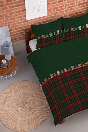 POŚCIEL ŚWIĄTECZNA ŚWIĘTA ZIELONA DOMEK KRATA BAWEŁNA FLANELA 160X200