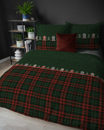 POŚCIEL ŚWIĄTECZNA ŚWIĘTA ZIELONA DOMEK KRATA BAWEŁNA FLANELA 160X200