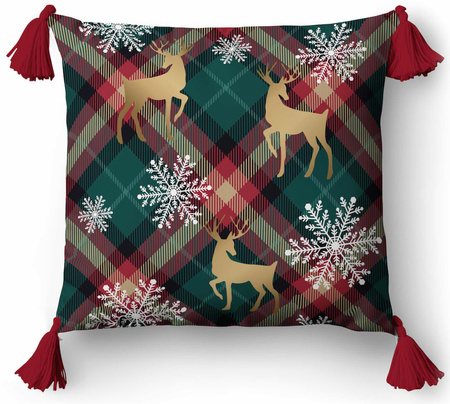 PODUSZKA ŚWIATECZNA JASIEK 45x45 Z FRĘDZLAMI CZERWONA KRATA RENIFER + WKŁAD