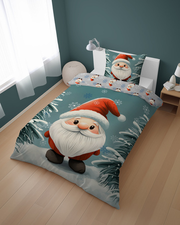 Pościel Młodzieżowa Bawełna 140x200 Świąteczna Skrzat Mikołaj Śnieg
