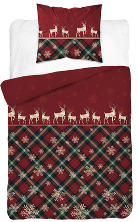 ŚWIĘTA ŚWIĄTECZNA POŚCIEL CZERWONA RENIFER KRATKA ŚNIEŻYNKA BAWEŁNA 140X200