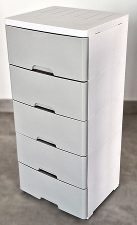 PLASTIKOWY POJEMNIK REGAŁ KOSZ NA ZABAWKI SZAFKA SZUFLADY 5 PÓŁEK SIWY