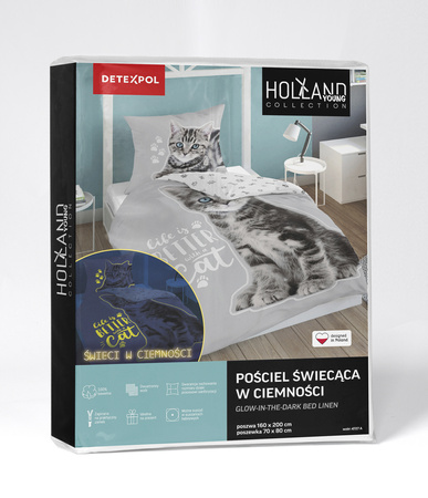 KOT KOTEK POŚCIEL ŚWIECĄCA W CIEMNOŚCI ŚWIECI DWUSTRONNA 160X200