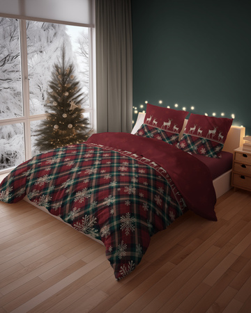 ŚWIĘTA ŚWIĄTECZNA POŚCIEL CZERWONA RENIFER KRATKA ŚNIEŻYNKA BAWEŁNA 220X200