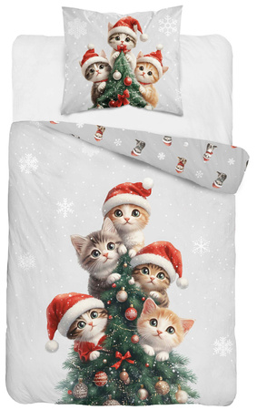 POŚCIEL ŚWIĄTECZNA BAWEŁNA KOTKI CHOINKA BOMBKI 140x200cm KOTEK