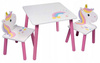 JEDNOROŻEC KONIK BIAŁY STÓŁ STOLIK DREWNIANY 2 KRZESŁA DLA DZIECI MEBELKI