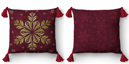 PODUSZKA ŚWIATECZNA JASIEK 45x45 Z FRĘDZLAMI ŚNIEŻYNKA CZERWONA + WKŁAD