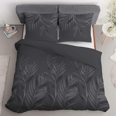 Pościel Satynowa 160x200 Liście na Graficie Ciemno-szary