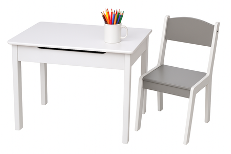 STOLIK BIAŁY SIWY DREWNIANY Z POJEMNIKIEM KRZESEŁKO ZESTAW DLA DZIECI MEBLE