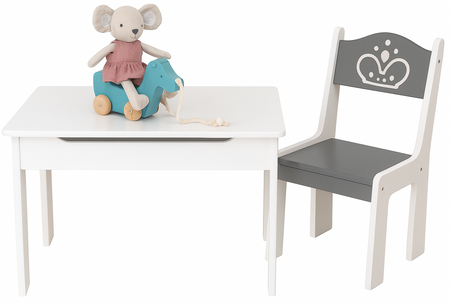 STOLIK BIAŁY SIWY DREWNIANY KSIĘŻNICZKI KRZESEŁKO ZESTAW DLA DZIECI MEBLE